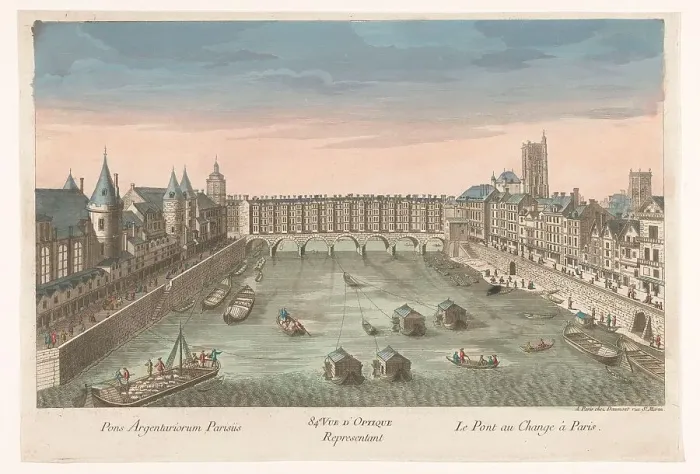 Framed Print : View of the built -up Pont au Change over the Seine River in Paris, 1745-1775. Creator: Anon Framed Print : View of the built -up Pont au Change over the Seine River in Paris, 1745-1775. Creator: Anon