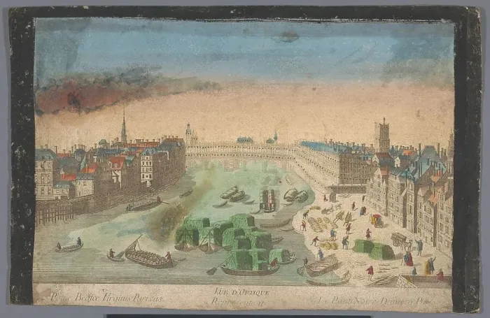 Framed Print : View of the built-up Pont Notre-Dame over the Seine River in Paris, 1700-1799. Creator: Anon Framed Print : View of the built-up Pont Notre-Dame over the Seine River in Paris, 1700-1799. Creator: Anon