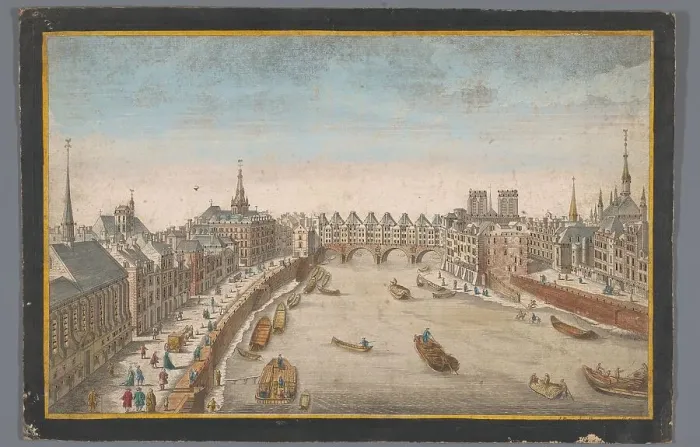 Framed Print : View of the built-up Pont Saint-Michel over the Seine River in Paris, 1700-1799. Creator: Anon Framed Print : View of the built-up Pont Saint-Michel over the Seine River in Paris, 1700-1799. Creator: Anon