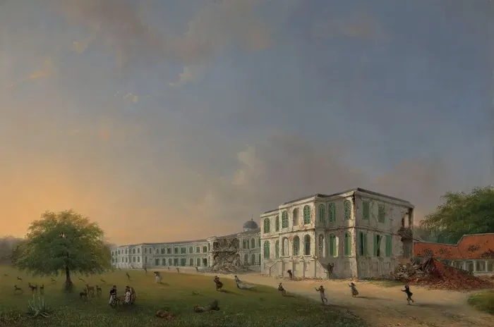 Framed Print : Front View of Buitenzorg Palace during the Earthquake of 10 October 1834, 1834-1836. Creator: Willem Troost II Framed Print : Front View of Buitenzorg Palace during the Earthquake of 10 October 1834, 1834-1836. Creator: Willem Troost II