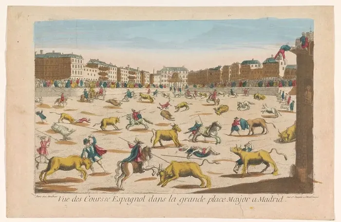 Framed Print : View of a bullfight on the Plaza Mayor in Madrid, 1759-c.1796. Creator: Louis-Joseph Mondhare Framed Print : View of a bullfight on the Plaza Mayor in Madrid, 1759-c.1796. Creator: Louis-Joseph Mondhare