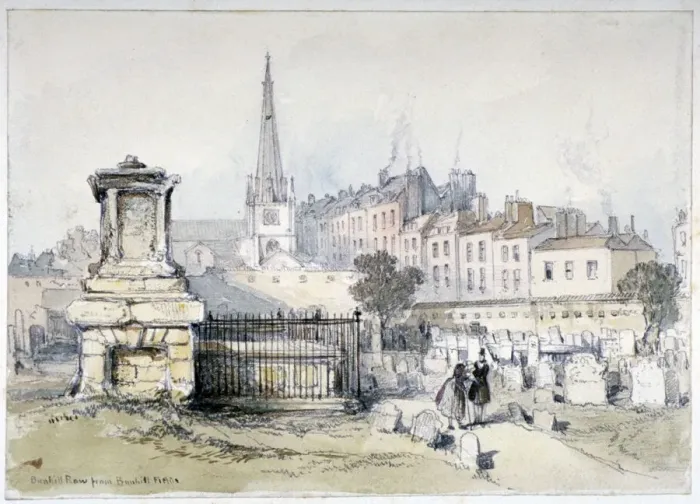 Framed Print : View of Bunhill Row from Bunhill Fields, Finsbury, Islington, London, c1860. Artist Framed Print : View of Bunhill Row from Bunhill Fields, Finsbury, Islington, London, c1860. Artist