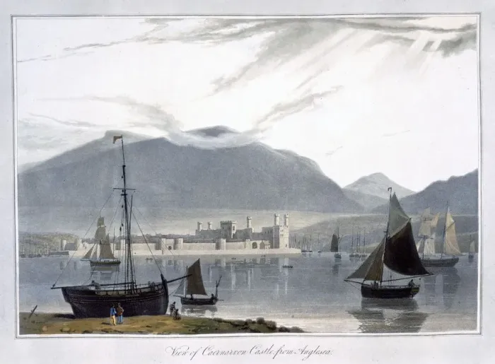 Framed Print : View of Caernarvon Castle from Anglesea, Wales, 1814. Artist: William Daniell Framed Print : View of Caernarvon Castle from Anglesea, Wales, 1814. Artist: William Daniell