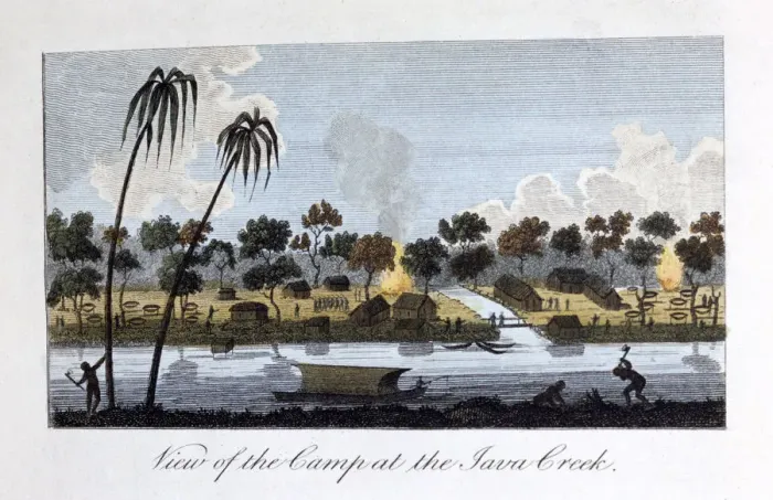 Framed Print : View of the Camp at the Java Creek, 1813. Artist: John Gabriel Stedman Framed Print : View of the Camp at the Java Creek, 1813. Artist: John Gabriel Stedman