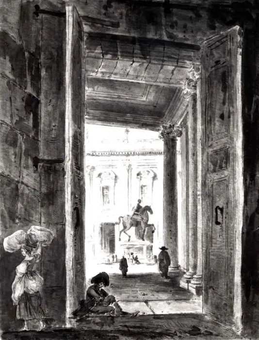 Framed Print : View of the Campidoglio with the Statue of Marcus Aurelius, 1762. Creator: Hubert Robert Framed Print : View of the Campidoglio with the Statue of Marcus Aurelius, 1762. Creator: Hubert Robert