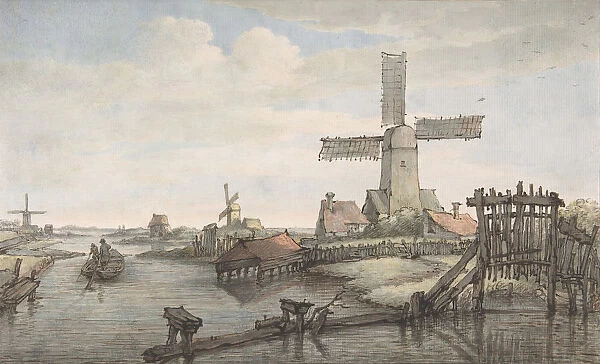 View of a Canal with Three Windmills, late 18th-early 19th century. Creator: Jan Hulswit