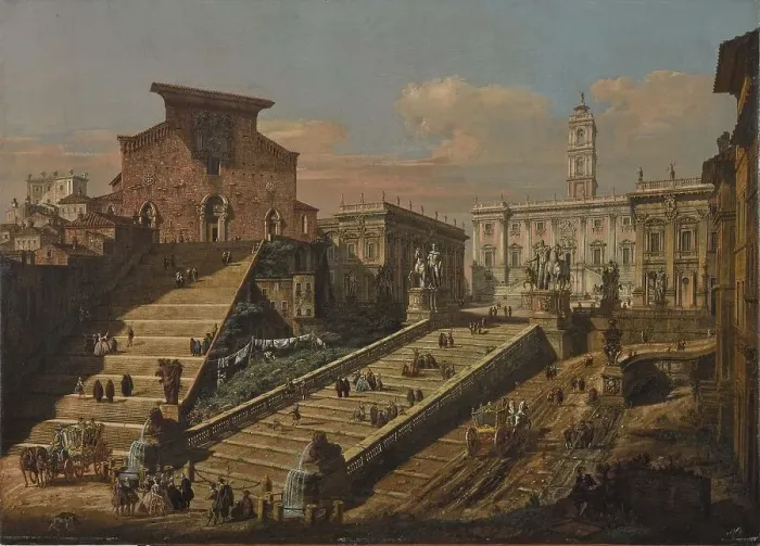 Framed Print : View of the Capitol with the Church of Santa Maria in Ara Coeli, 1768. Creator: Bellotto, Bernardo (1720-1780) Framed Print : View of the Capitol with the Church of Santa Maria in Ara Coeli, 1768. Creator: Bellotto, Bernardo (1720-1780)
