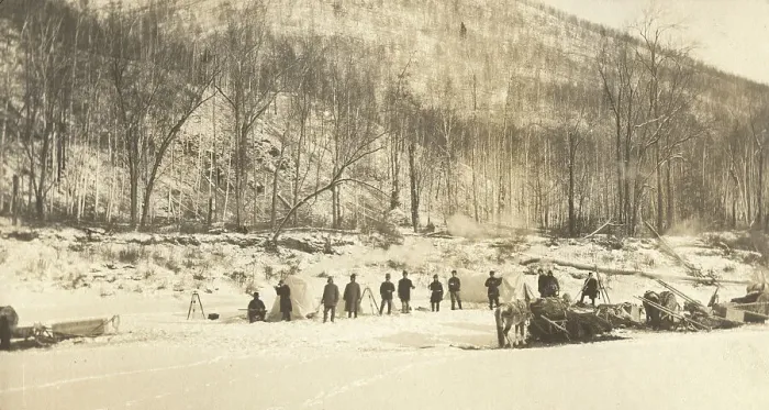 Framed Print : View of the caravan (camp) of the exploration party on the ice of the Zeya River, 1909. Creator: Vladimir Ivanovich Fedorov Framed Print : View of the caravan (camp) of the exploration party on the ice of the Zeya River, 1909. Creator: Vladimir Ivanovich Fedorov