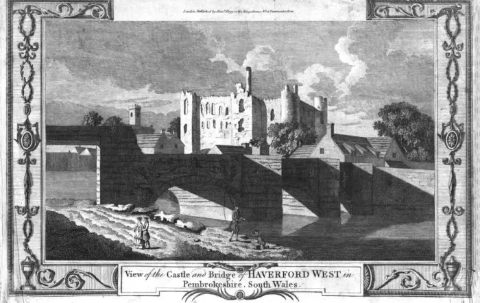 Framed Print : View of the Castle and Bridge of Haverford West in Pembrokeshire. late 18th century Framed Print : View of the Castle and Bridge of Haverford West in Pembrokeshire. late 18th century