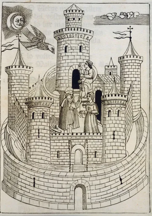 Framed Print : View of a castle, engraving in Coplas de Mallorca (Songs of Majorca), 1398 Framed Print : View of a castle, engraving in Coplas de Mallorca (Songs of Majorca), 1398