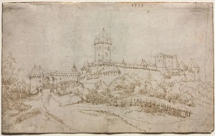 Framed Print : View of a Castle (recto); Eight-Sided Cup (verso), 1513. Creator: Wolfgang Huber (Austrian Framed Print : View of a Castle (recto); Eight-Sided Cup (verso), 1513. Creator: Wolfgang Huber (Austrian