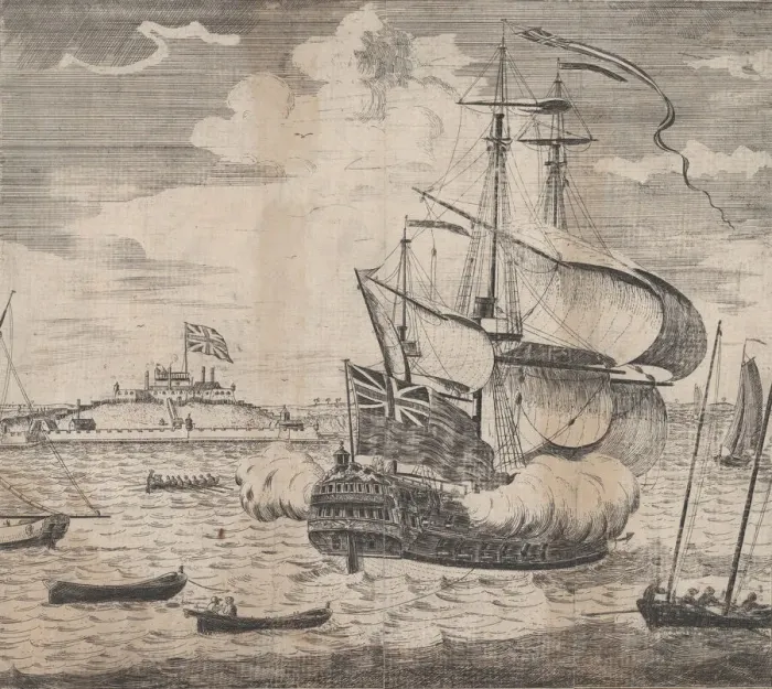 Framed Print : A View of Castle William by Boston in New England, early 18th century Framed Print : A View of Castle William by Boston in New England, early 18th century