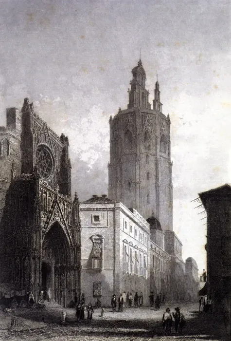 Framed Print : View of the Cathedral and the Miquelet tower in Valencia, engraving in Voyage Pittoresque