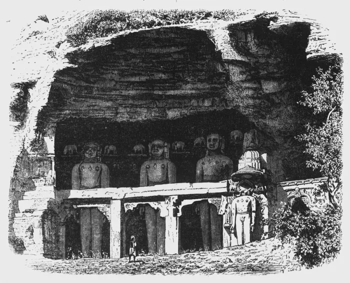 Framed Print : View of the Cavern of Tirthankars, near Gwalior, c1891. Creator: James Grant Framed Print : View of the Cavern of Tirthankars, near Gwalior, c1891. Creator: James Grant