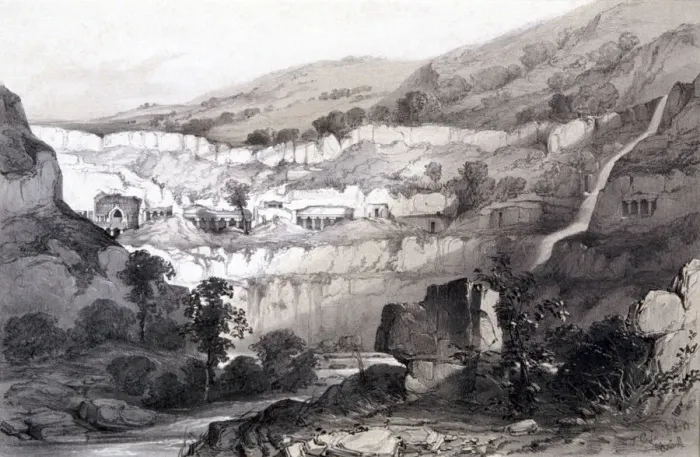 Framed Print : View of Caves, Ajunta, India, 1844. Artist: Thomas Colman Dibdin Framed Print : View of Caves, Ajunta, India, 1844. Artist: Thomas Colman Dibdin