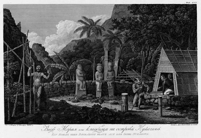 Framed Print : View of Cemetery on Nukagiva Island, 1813. Creator: Koz'ma Vasil'evich Chesky Framed Print : View of Cemetery on Nukagiva Island, 1813. Creator: Koz'ma Vasil'evich Chesky
