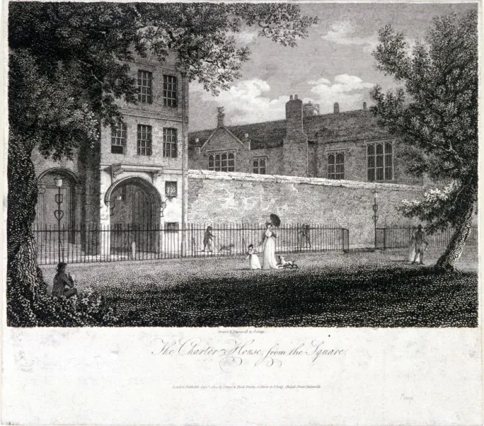Framed Print : View of Charterhouse from the square with figures, Finsbury, London, 1804. Artist Framed Print : View of Charterhouse from the square with figures, Finsbury, London, 1804. Artist