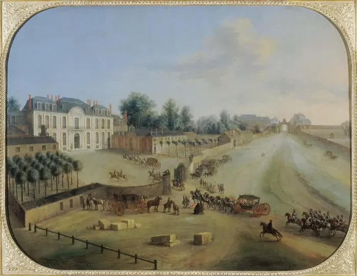 Framed Print : View of Chateau de la Muette with the arrival of the King, c1738. Creator: Charles-Leopold Grevenbroeck Framed Print : View of Chateau de la Muette with the arrival of the King, c1738. Creator: Charles-Leopold Grevenbroeck