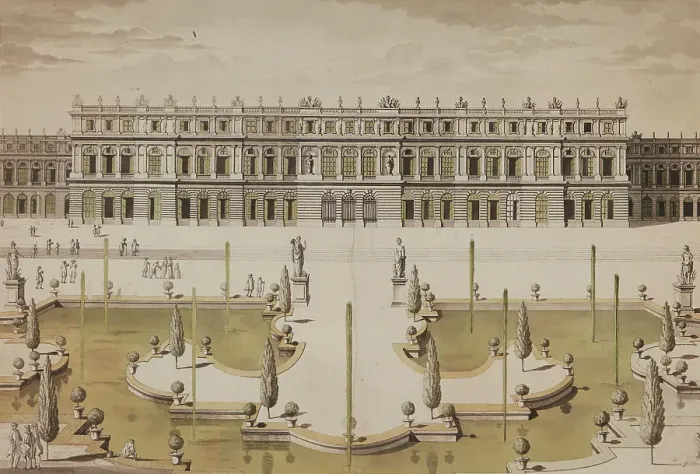 Framed Print : View of the Chateau of Versailles from the side of Le Notre's Parterre d'Eau, about 1680. Creator: Israel Silvestre. View of the Chateau of Versailles from the side of Le Notre's Parterre d'Eau, about 1680 Framed Print : View of the Chateau of Versailles from the side of Le Notre's Parterre d'Eau, about 1680. Creator: Israel Silvestre. View of the Chateau of Versailles from the side of Le Notre's Parterre d'Eau, about 1680