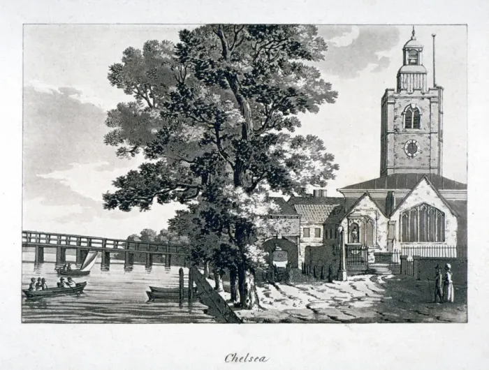 Framed Print : View of Chelsea Old Church with the River Thames on the left, London, c1800 Framed Print : View of Chelsea Old Church with the River Thames on the left, London, c1800