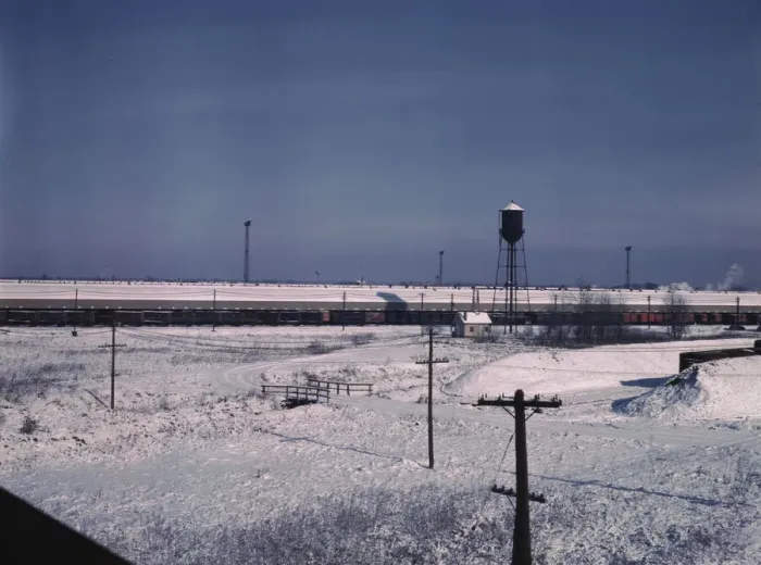 Framed Print : View of a Chicago and Northwestern railroad freight house, Chicago, Ill. 1942. Creator: Jack Delano Framed Print : View of a Chicago and Northwestern railroad freight house, Chicago, Ill. 1942. Creator: Jack Delano