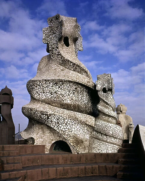 View of one of the chimneys crowning La Pedrera or Mila House, by Antoni Gaudi i Cornet