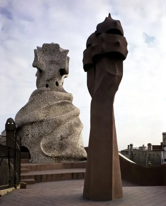 Framed Print : View of one of the chimneys crowning La Pedrera or Mila House, by Antoni Gaudi i Cornet