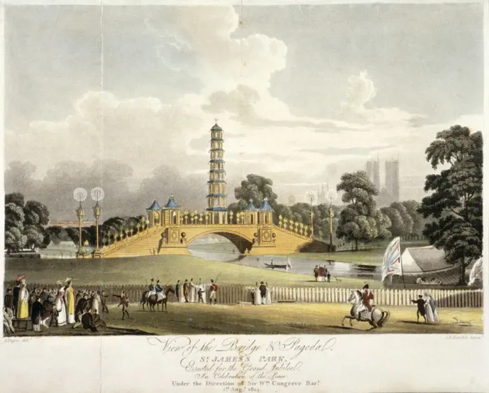 Framed Print : View of the Chinese bridge and pagoda in St Jamess Park, London, 1814 Framed Print : View of the Chinese bridge and pagoda in St Jamess Park, London, 1814