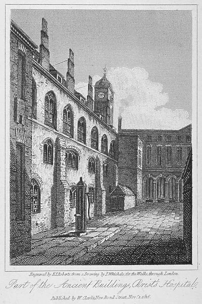View of Christs Hospital and a water pump, City of London, 1816