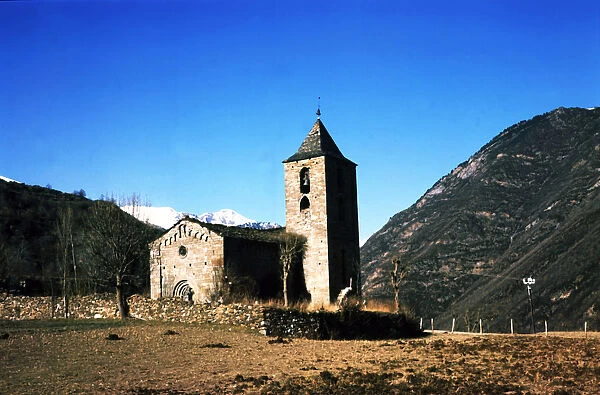 View of the Church of the Assumption in the village Coll de Tor built with large stone blocks