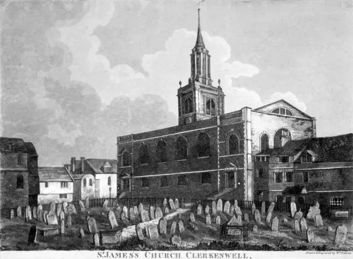 Framed Print : View of the church and graveyard of St James Clerkenwell, London, c1820. Artist