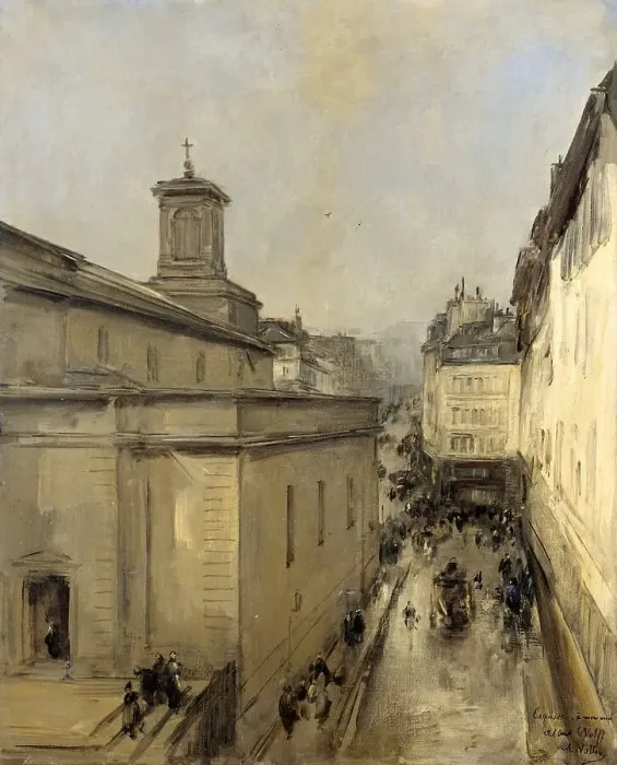 Framed Print : View of the Church of Notre Dame de Lorette and the Rue Fléchier, Paris, c.1860-c.1900. Creator: Antoine Vollon Framed Print : View of the Church of Notre Dame de Lorette and the Rue Fléchier, Paris, c.1860-c.1900. Creator: Antoine Vollon