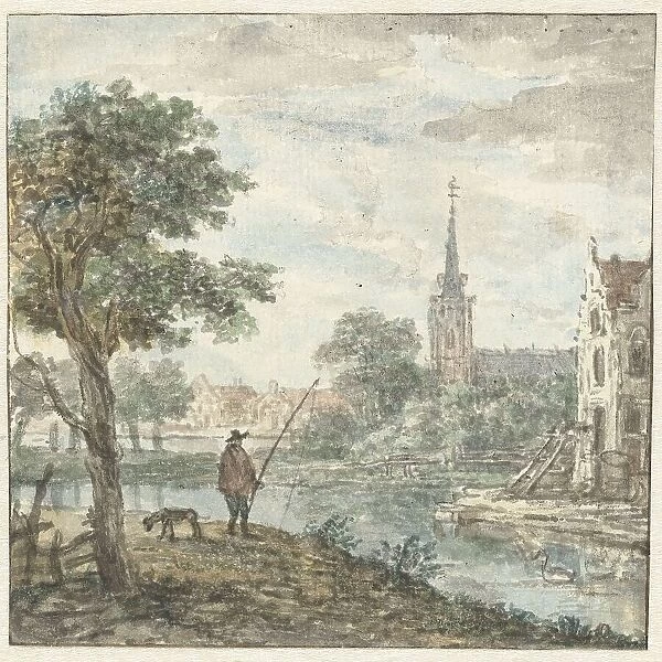 View of a city with an angler in the foreground, c. 1700-c. 1800. Creator: Anon
