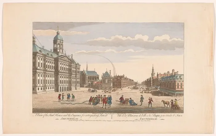 Framed Print : View of the City Hall in Amsterdam with firefighters on Dam Square, 1752. Creator: Unknown Framed Print : View of the City Hall in Amsterdam with firefighters on Dam Square, 1752. Creator: Unknown
