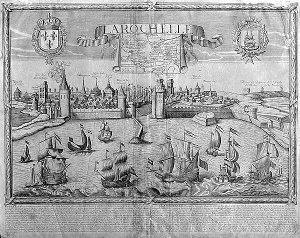 View of the city of La Rochel, metal engraving signed by Jollain
