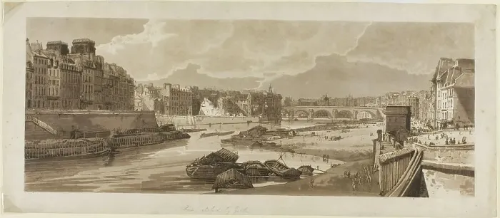 Framed Print : View of the City with the Louvre, etc. taken from Pont Marie, from A Selection... 1802. Creator: Thomas Girtin Framed Print : View of the City with the Louvre, etc. taken from Pont Marie, from A Selection... 1802. Creator: Thomas Girtin