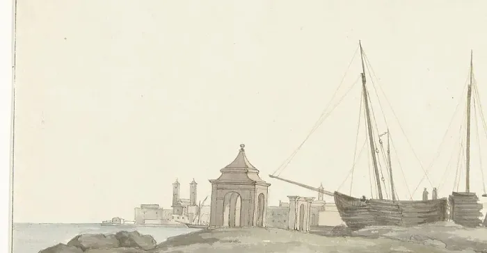 Framed Print : View of the city of Molfetta on the coast, 1778. Creator: Louis Ducros Framed Print : View of the city of Molfetta on the coast, 1778. Creator: Louis Ducros