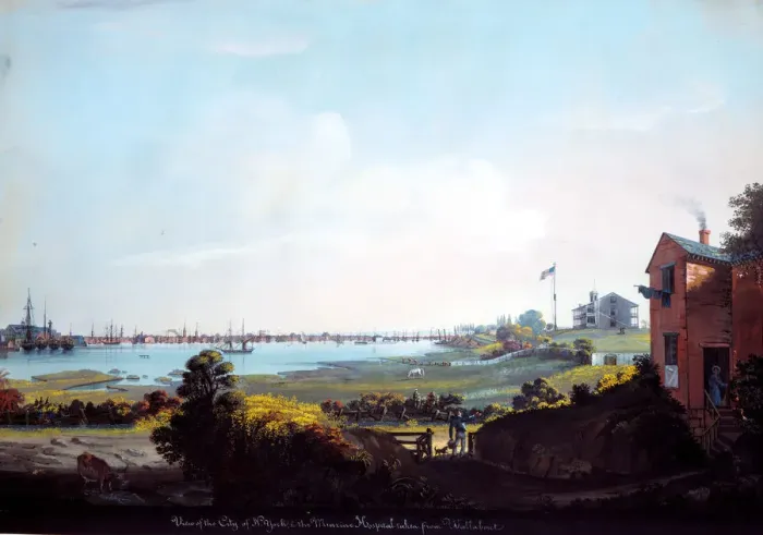 Framed Print : View of the City of New York and the Marine Hospital Taken from Wallabout. Creator: Nicolino Calyo Framed Print : View of the City of New York and the Marine Hospital Taken from Wallabout. Creator: Nicolino Calyo