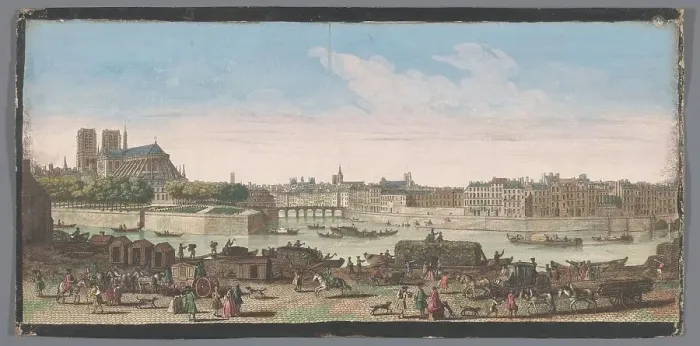 Framed Print : View of the city of Paris seen from the Quai de Miramion, 1700-1799. Creators: Anon, Jacques Rigaud Framed Print : View of the city of Paris seen from the Quai de Miramion, 1700-1799. Creators: Anon, Jacques Rigaud