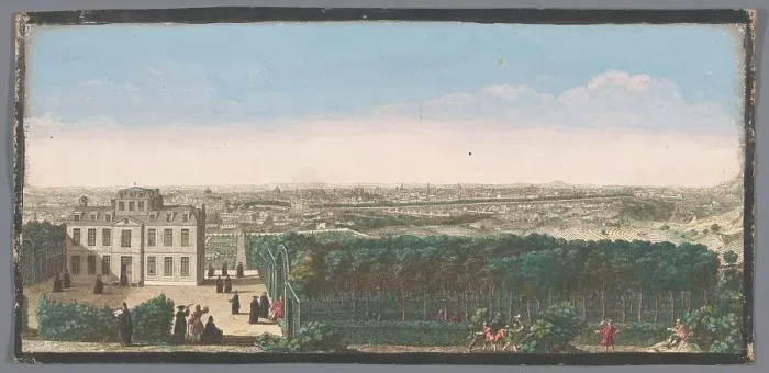 Framed Print : View of the city of Paris seen from the village of Ménilmontant, 1700-1799. Creators: Anon, Jacques Rigaud Framed Print : View of the city of Paris seen from the village of Ménilmontant, 1700-1799. Creators: Anon, Jacques Rigaud