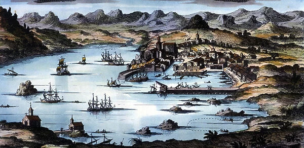 View of the city and the port of Santander, coloured engraving