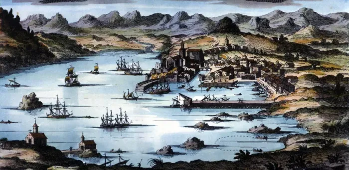 Framed Print : View of the city and the port of Santander, coloured engraving