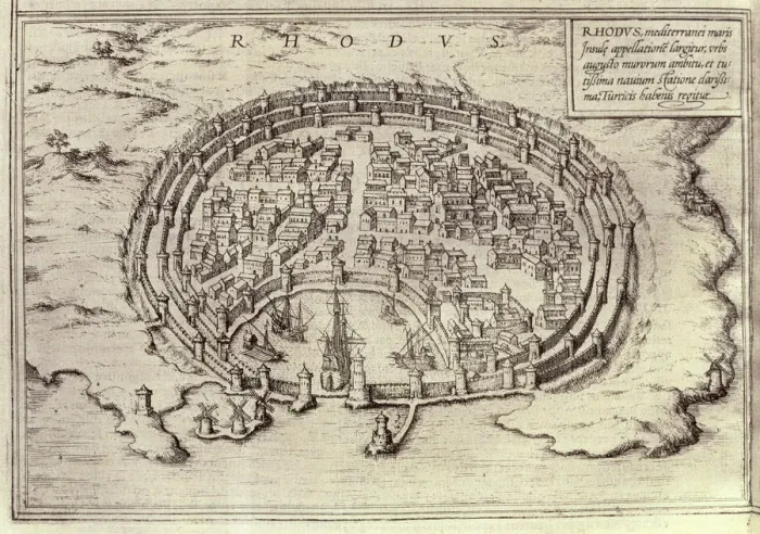 Framed Print : View of the city of Rhodes, engraving in Theatre des Princepales villes de tout le monde, 1573
