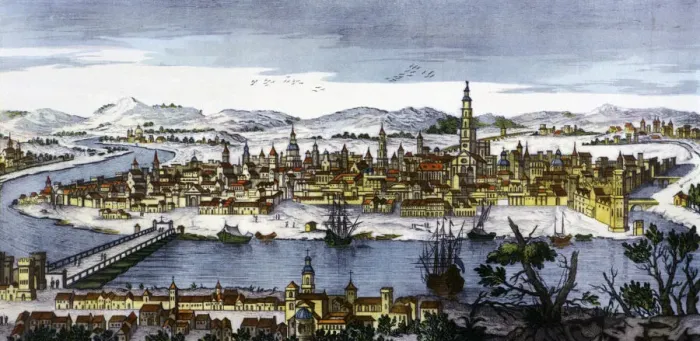 Framed Print : View of the city of Seville with Guadalquivir River, coloured engraving Framed Print : View of the city of Seville with Guadalquivir River, coloured engraving