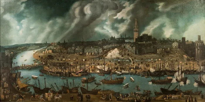 Framed Print : View of the city of Seville, Second half of the16th cen.. Creator: Sanchez Coello, Alonso (1531-1588) Framed Print : View of the city of Seville, Second half of the16th cen.. Creator: Sanchez Coello, Alonso (1531-1588)
