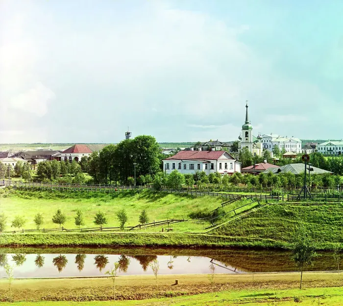 Framed Print : View of the city of Vytegra from a hill [Russian Empire], 1909. Creator: Sergey Mikhaylovich Prokudin-Gorsky