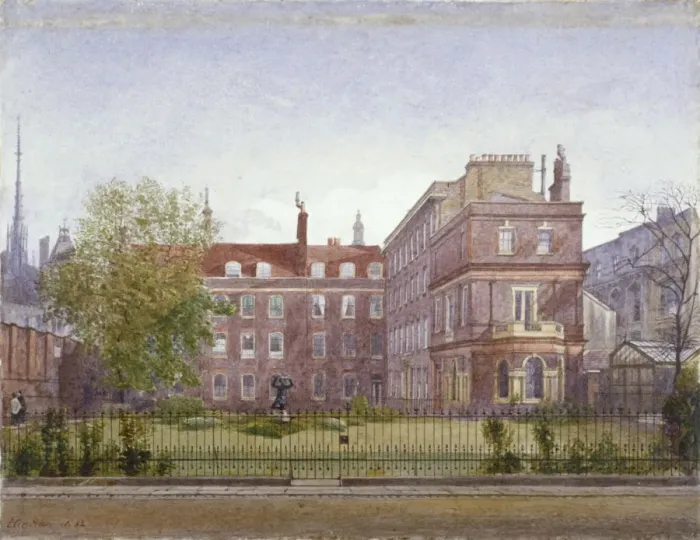 Framed Print : View of Clements Inn from the north west looking across the gardens, London, 1882 Framed Print : View of Clements Inn from the north west looking across the gardens, London, 1882