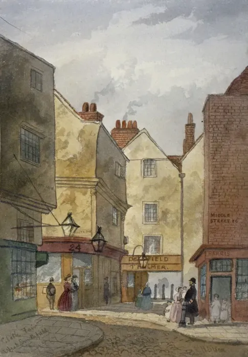 Framed Print : View of Cloth Fair and Middle Street, West Smithfield, City of London, 1867. Artist Framed Print : View of Cloth Fair and Middle Street, West Smithfield, City of London, 1867. Artist