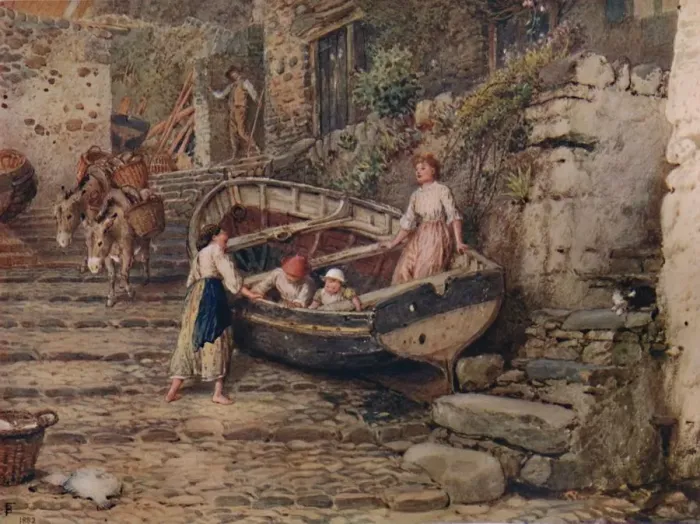 Framed Print : View at Clovelly, with Stranded Boat and Figures, 1882, (1935). Artist: Birket Foster Framed Print : View at Clovelly, with Stranded Boat and Figures, 1882, (1935). Artist: Birket Foster
