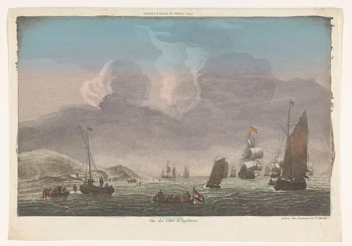 Framed Print : View of the coast of England with ships and boats on the water, 1745-1775. Creator: Anon Framed Print : View of the coast of England with ships and boats on the water, 1745-1775. Creator: Anon